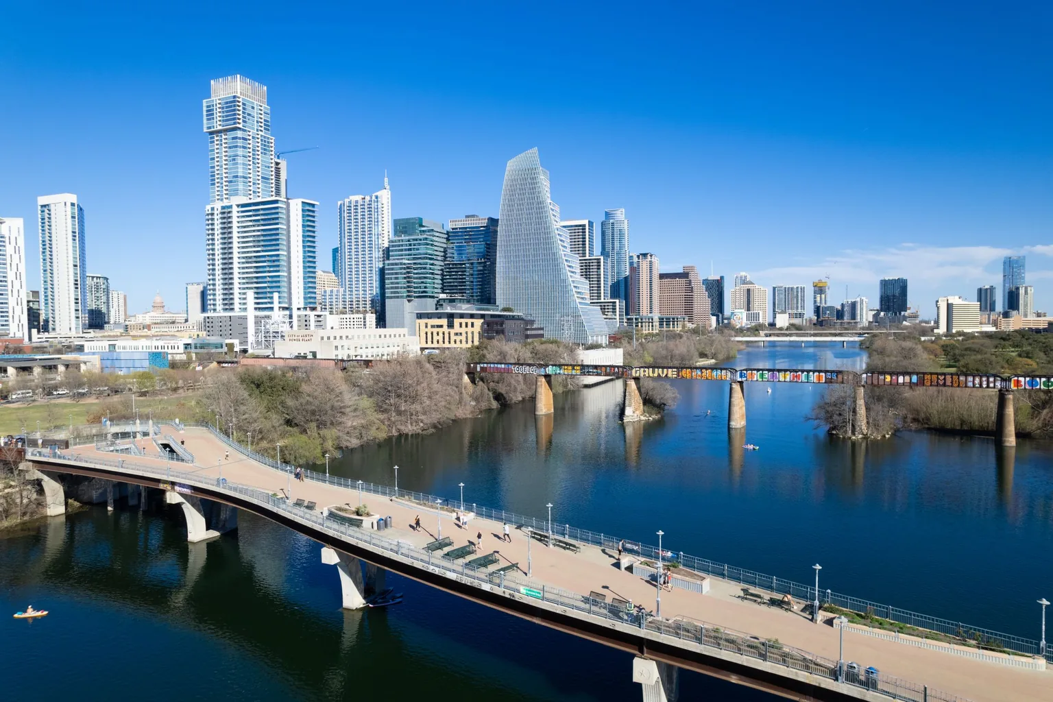 The Austin skyline and bridges over Lady Bird Lake.